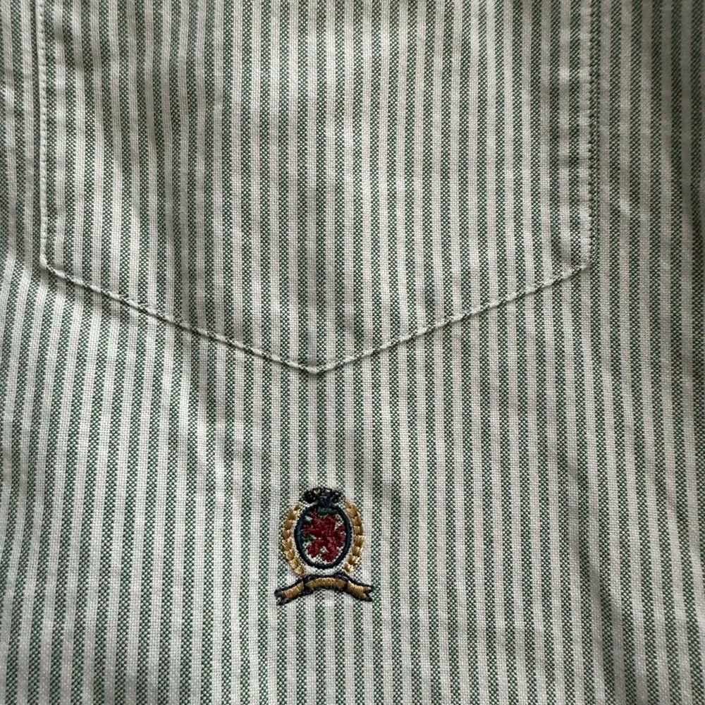 Tommy Hilfiger Oxford Green Striped Shirt Original Crest Logo Men's MEDIUM - Picture 2 of 10